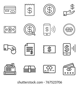 Thin line icon set : card, receipt, dollar, investment, money, arrow, phone pay, crypto currency, hand coin, account balance, mobile, cashbox, credit