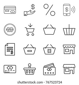 Thin line icon set : card, investment, percent, phone pay, crypto currency, add to cart, basket, account balance, remove from, delete, shop, credit