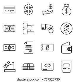 Thin line icon set : card, dollar, investment, money bag, diagram, hand coin, account balance, receipt, wallet, cashbox, credit, atm