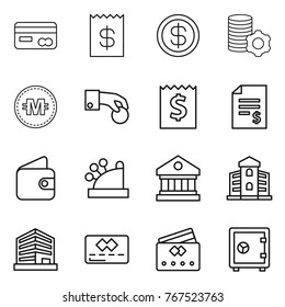 Thin line icon set : card, receipt, dollar, virtual mining, crypto currency, hand coin, account balance, wallet, cashbox, library, building, office, credit, safe