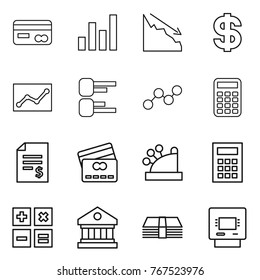 Thin line icon set : card, graph, crisis, dollar, statistics, diagram, calculator, account balance, credit, cashbox, library, money, atm