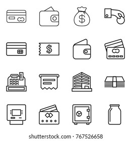 Thin line icon set : card, wallet, money bag, hand coin, credit, receipt, cashbox, atm, office, safe, bank