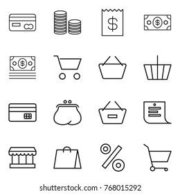 Thin line icon set : card, coin stack, receipt, money, cart, basket, credit, purse, remove from, shopping list, market, bag, percent