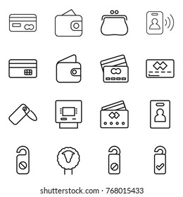 Thin line icon set : card, wallet, purse, pass, credit, label, atm, identity, do not distrub, sheep, please clean