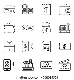 Thin line icon set : card, coin stack, receipt, wallet, purse, money, gift, cashbox, tap to pay, phone, account balance, mobile, credit