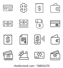 Thin line icon set : card, dollar, receipt, wallet, money, gift, credit, account balance, mobile pay, cashbox