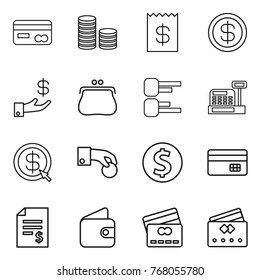 Thin line icon set : card, coin stack, receipt, dollar, investment, purse, diagram, cashbox, arrow, hand, credit, account balance, wallet