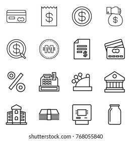 Thin line icon set : card, receipt, dollar, money gift, arrow, crypto currency, account balance, credit, percent, cashbox, library, building, atm, bank
