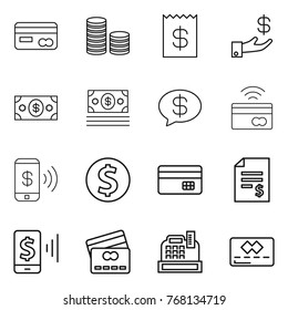 Thin line icon set : card, coin stack, receipt, investment, money, message, tap to pay, phone, dollar, credit, account balance, mobile, cashbox