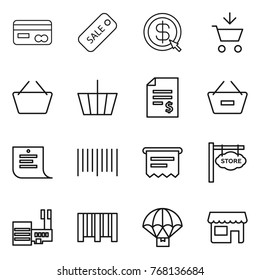 Thin line icon set : card, sale, dollar arrow, add to cart, basket, account balance, remove from, shopping list, bar code, atm receipt, store signboard, mall, parachute delivery, shop