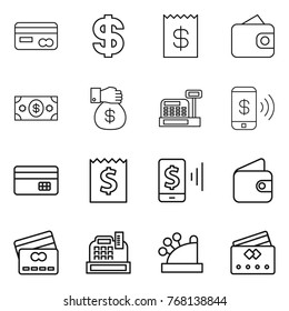 Thin line icon set : card, dollar, receipt, wallet, money, gift, cashbox, phone pay, credit, mobile