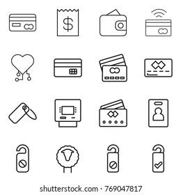 Thin line icon set : card, receipt, wallet, tap to pay, cardio chip, credit, label, atm, identity, do not distrub, sheep, please clean