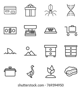 Thin line icon set : card, gift, virus, dna, money, market scales, taxi, baggage trolley, shark flipper, landscape, nightstand, chest of drawers, pan, goose, sprouting, sponge with foam