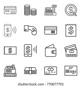 Thin line icon set : card, coin stack, cashbox, dollar arrow, phone pay, hand, credit, receipt, mobile, wallet, money, invoice