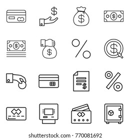 Thin line icon set : card, investment, money bag, gift, percent, dollar arrow, hand coin, credit, account balance, atm, safe