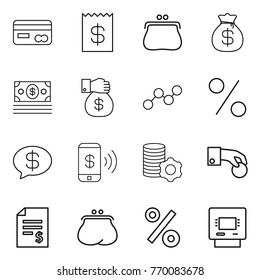 Thin line icon set : card, receipt, purse, money bag, gift, graph, percent, message, phone pay, virtual mining, hand coin, account balance, atm