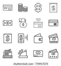 Thin line icon set : card, coin stack, dollar, receipt, money, gift, tap to pay, credit, mobile, wallet, cashbox