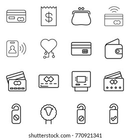 Thin line icon set : card, receipt, purse, tap to pay, pass, cardio chip, credit, wallet, atm, do not distrub, sheep, please clean