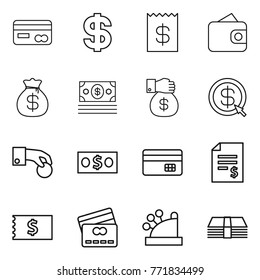 Thin line icon set : card, dollar, receipt, wallet, money bag, gift, arrow, hand coin, credit, account balance, cashbox