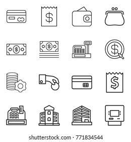 Thin line icon set : card, receipt, wallet, purse, money, cashbox, dollar arrow, virtual mining, hand coin, credit, building, office, atm