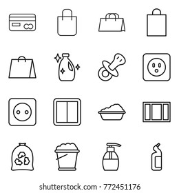 Thin line icon set : card, shopping bag, cleanser, nipple, power socket, switch, washing, window, garbage, foam bucket, liquid soap, toilet
