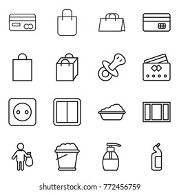 Thin line icon set : card, shopping bag, credit, nipple, power socket, switch, washing, window, trash, foam bucket, liquid soap, toilet cleanser