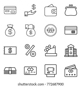 Thin line icon set : card, investment, wallet, purse, money bag, gift, crypto currency, credit, receipt, percent, cashbox, building, atm