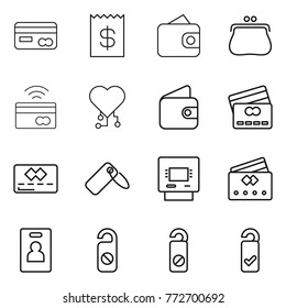 Thin line icon set : card, receipt, wallet, purse, tap to pay, cardio chip, credit, label, atm, identity, do not distrub, please clean