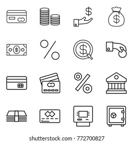 Thin line icon set : card, coin stack, investment, money bag, percent, dollar arrow, hand, credit, library, atm, safe