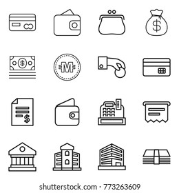Thin line icon set : card, wallet, purse, money bag, crypto currency, hand coin, credit, account balance, cashbox, atm receipt, library, building, office