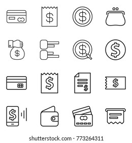 Thin line icon set : card, receipt, dollar, purse, money gift, diagram, arrow, coin, credit, account balance, mobile pay, wallet, atm