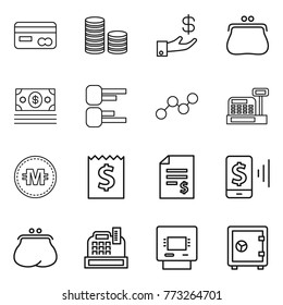 Thin line icon set : card, coin stack, investment, purse, money, diagram, graph, cashbox, crypto currency, receipt, account balance, mobile pay, atm, safe