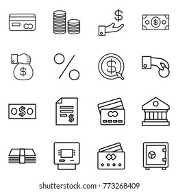 Thin line icon set : card, coin stack, investment, money, gift, percent, dollar arrow, hand, account balance, credit, library, atm, safe