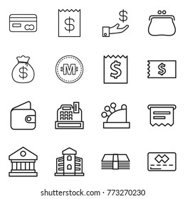 Thin line icon set : card, receipt, investment, purse, money bag, crypto currency, wallet, cashbox, atm, library, building, credit