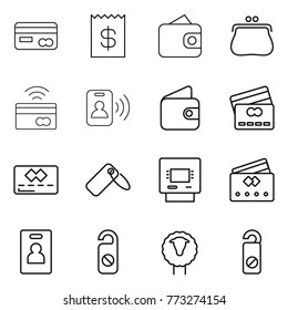 Thin line icon set : card, receipt, wallet, purse, tap to pay, pass, credit, label, atm, identity, do not distrub, sheep