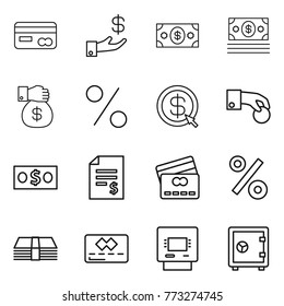 Thin line icon set : card, investment, money, gift, percent, dollar arrow, hand coin, account balance, credit, atm, safe