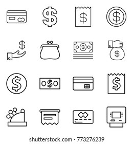 Thin line icon set : card, dollar, receipt, investment, purse, money, gift, coin, credit, cashbox, atm