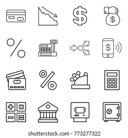 Thin line icon set : card, crisis, dollar, money gift, percent, cashbox, core splitting, phone pay, credit, calculator, library, atm, safe