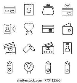 Thin line icon set : card, receipt, purse, tap to pay, pass, cardio chip, credit, wallet, label, identity, do not distrub, sheep, please clean