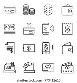 Thin line icon set : card, coin stack, dollar, wallet, money, tap to pay, phone, receipt, account balance, mobile, cashbox, credit