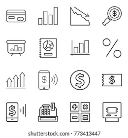 Thin line icon set : card, graph, crisis, dollar magnifier, presentation, annual report, percent, up, phone pay, coin, receipt, mobile, cashbox, calculator, atm