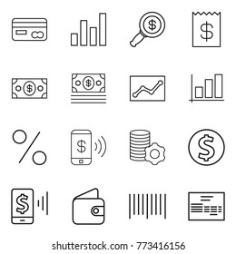 Thin line icon set : card, graph, dollar magnifier, receipt, money, statistics, percent, phone pay, virtual mining, coin, mobile, wallet, bar code, invoice