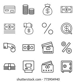 Thin line icon set : card, coin stack, money bag, gift, percent, dollar arrow, hand, credit, atm, safe