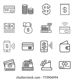 Thin line icon set : card, coin stack, dollar, receipt, money, gift, cashbox, tap to pay, phone, credit, mobile, wallet