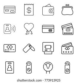 Thin line icon set : card, receipt, wallet, purse, pass, cardio chip, credit, label, atm, identity, do not distrub, sheep