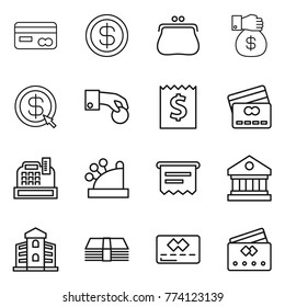 Thin line icon set : card, dollar, purse, money gift, arrow, hand coin, receipt, credit, cashbox, atm, library, building