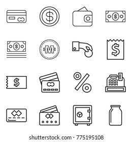 Thin line icon set : card, dollar, wallet, money, crypto currency, hand coin, receipt, credit, percent, cashbox, safe, bank