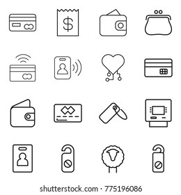 Thin line icon set : card, receipt, wallet, purse, tap to pay, pass, cardio chip, credit, label, atm, identity, do not distrub, sheep