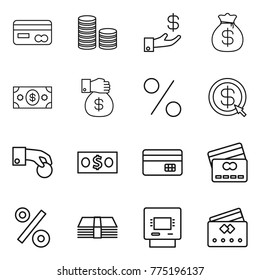 Thin line icon set : card, coin stack, investment, money bag, gift, percent, dollar arrow, hand, credit, atm