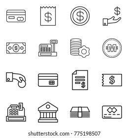Thin line icon set : card, receipt, dollar, investment, money, cashbox, virtual mining, crypto currency, hand coin, credit, account balance, library